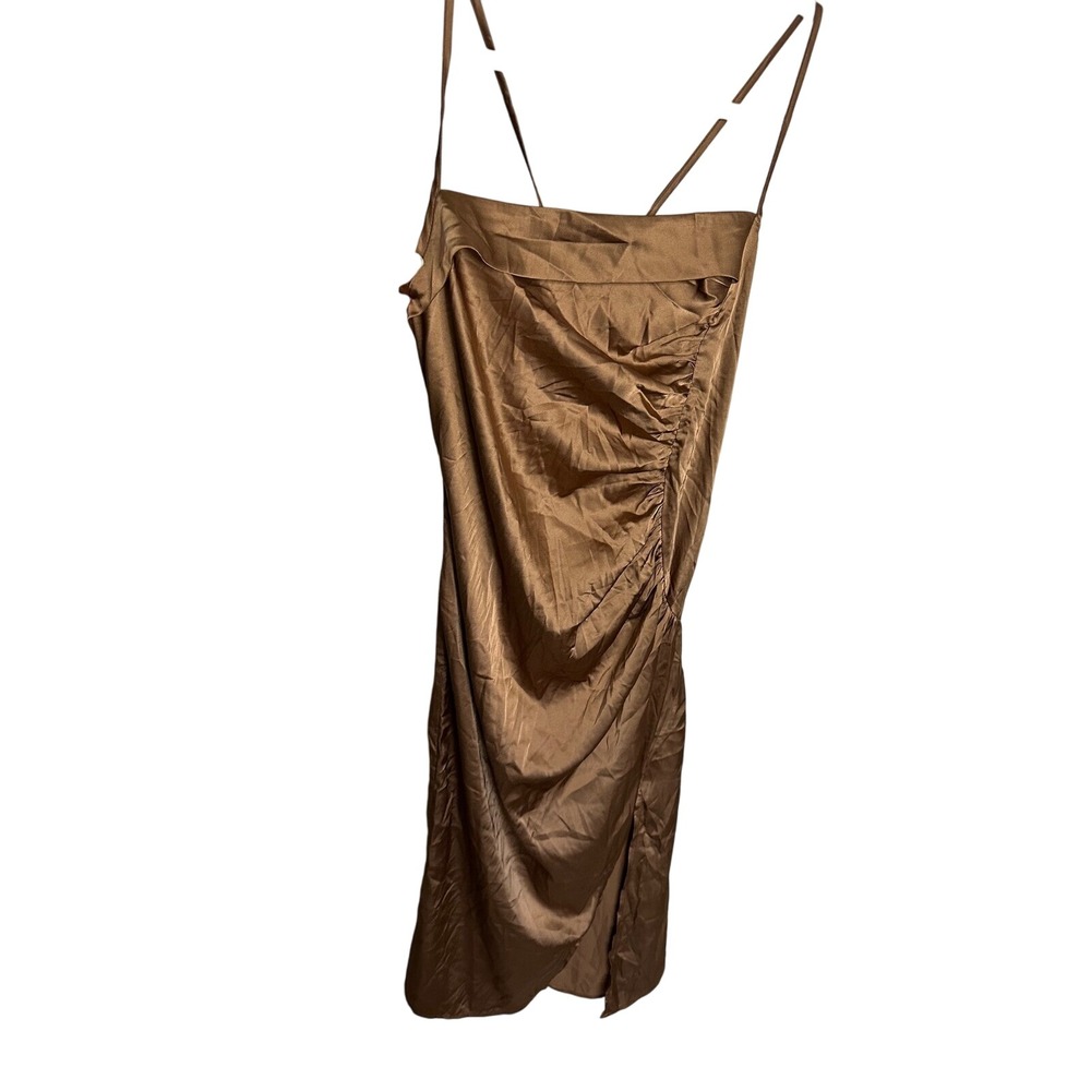 Satin Slip Dress Ruched Bodycon Cocktail Party Dress‎ Brown
